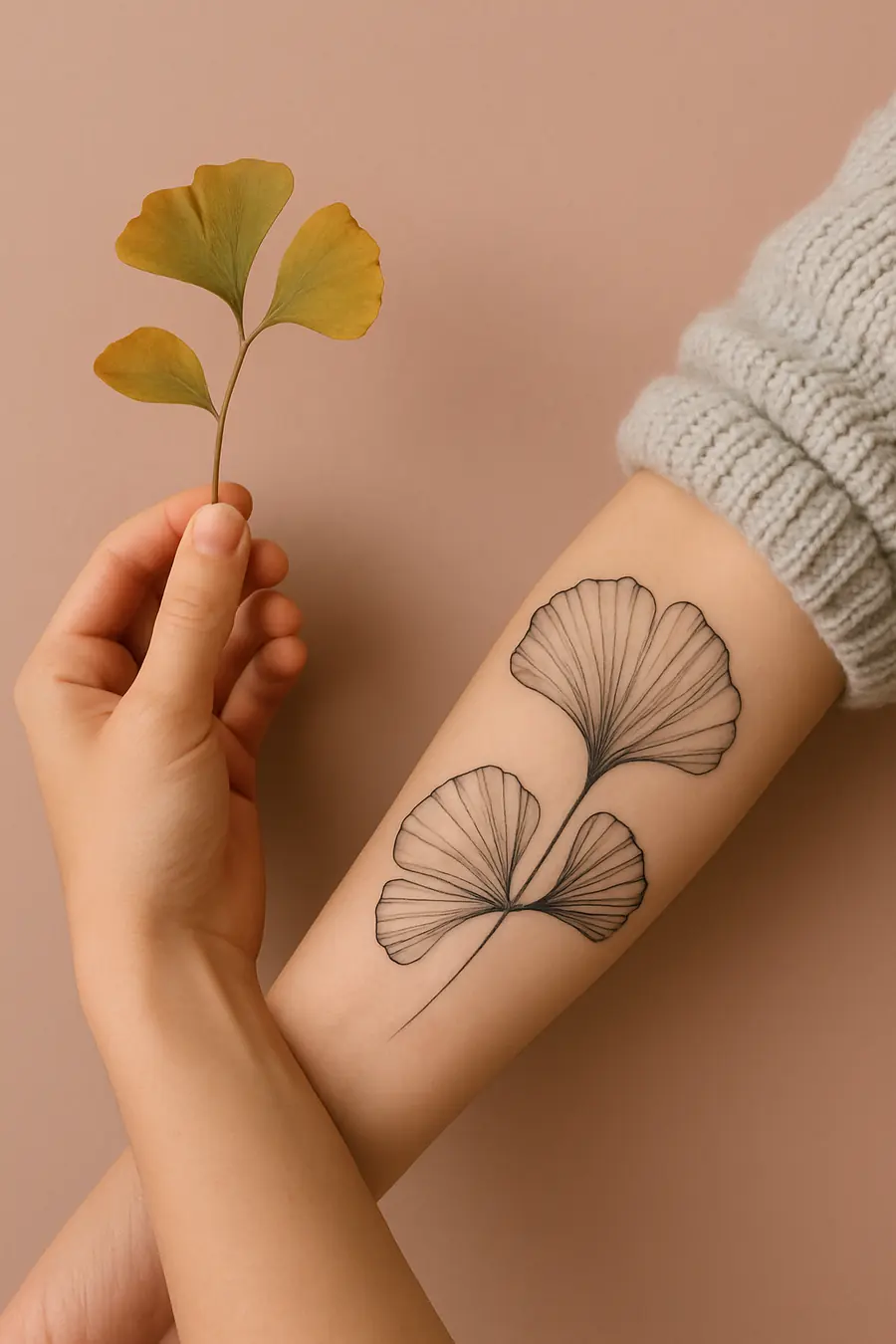 Une main tient une feuille de ginkgo à côté d'un avant-bras tatoué de feuilles de ginkgo