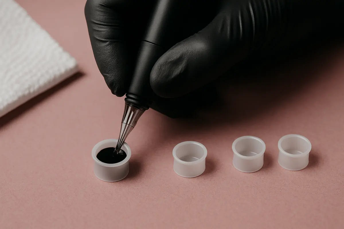 Un plateau préparé sur papier rose : une machine stylo, des godets d'encre et des cartouches neuves