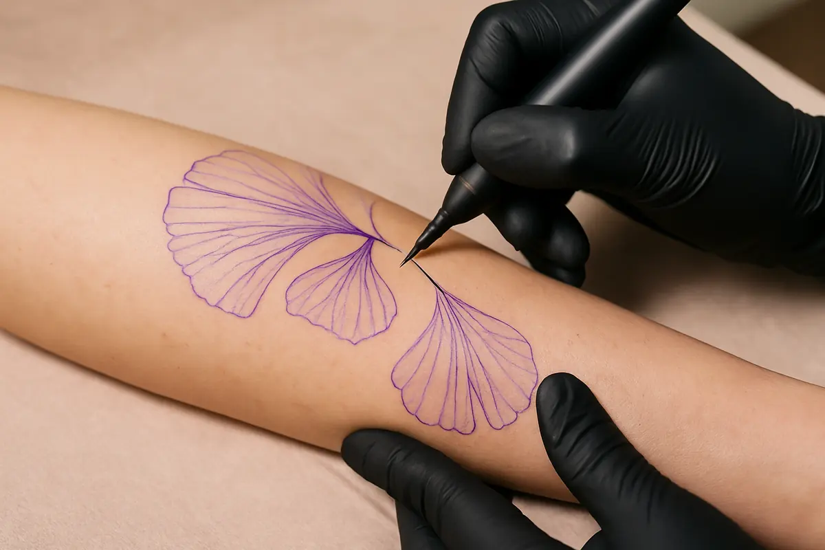 Une main gantée trace la première ligne noire sur le pochoir violet