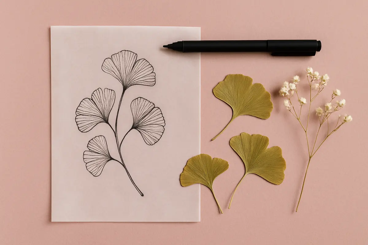 Une branche de ginkgo dessinée au feutre noir sur papier calque, posée sur du papier rose