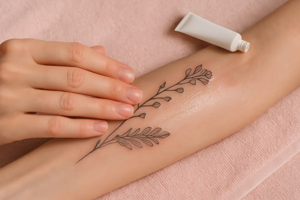 Un avant-bras fraîchement tatoué posé sur une serviette rose, un tube de crème à côté