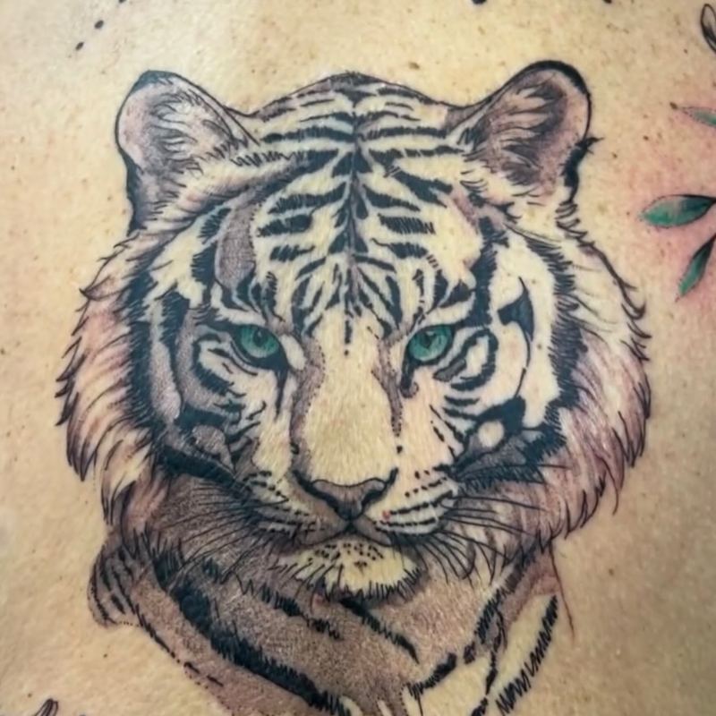 Une tête de tigre au trait fin, les yeux d'une touche de vert